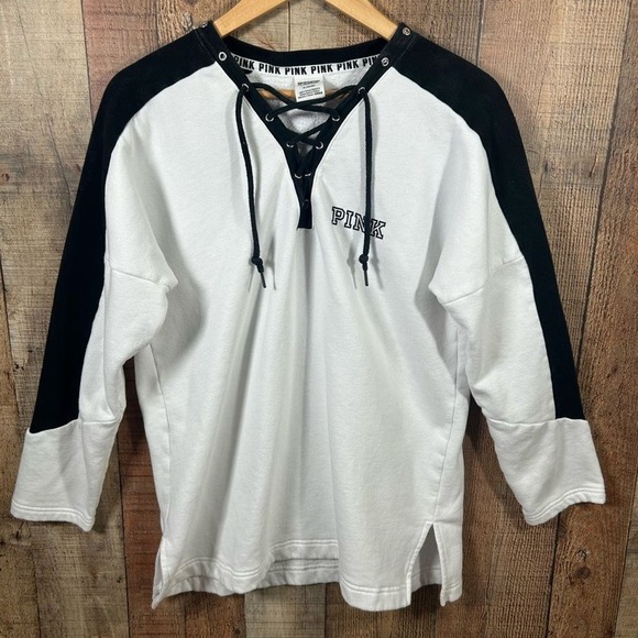 PINK Victoria's Secret Tops - PINK Lace Up Medium Colorblock Sweatshirt Athleisure Rose Embroidered Hoodie